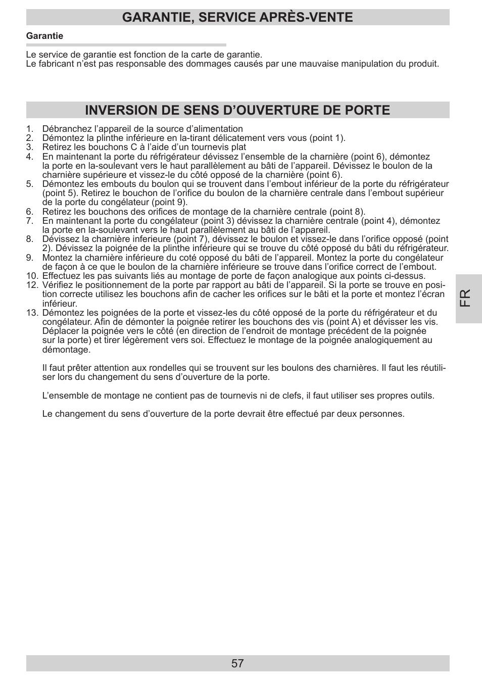 Garantie, service après-vente, Inversion de sens d’ouverture de porte | AMICA KGC 15530 WG DE User Manual | Page 57 / 72