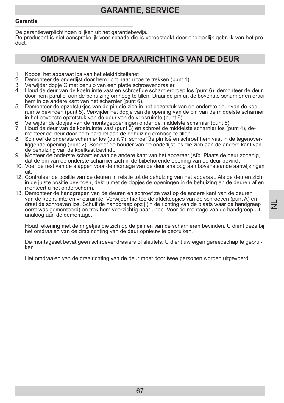 Garantie, service, Omdraaien van de draairichting van de deur | AMICA KGC 15530 WG DE User Manual | Page 67 / 72