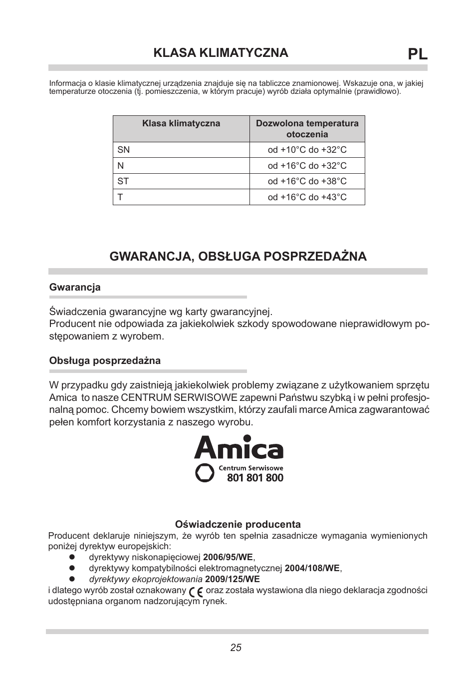 Gwarancja, obsługa posprzedażna, Klasa klimatyczna | AMICA KGC 15433 W DE User Manual | Page 25 / 64