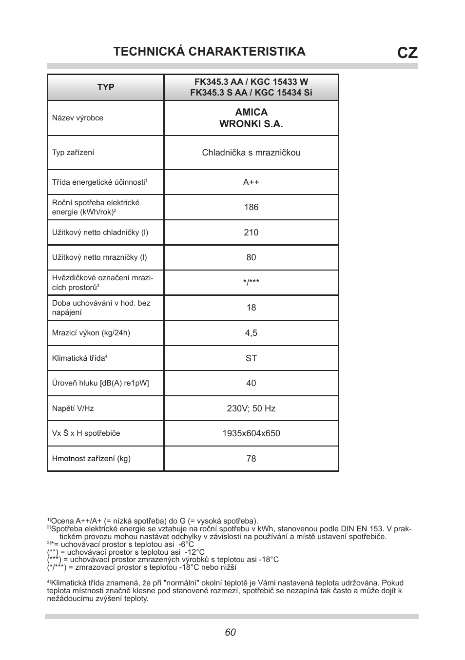 Technická charakteristika, Amica wronki s.a | AMICA KGC 15433 W DE User Manual | Page 60 / 64