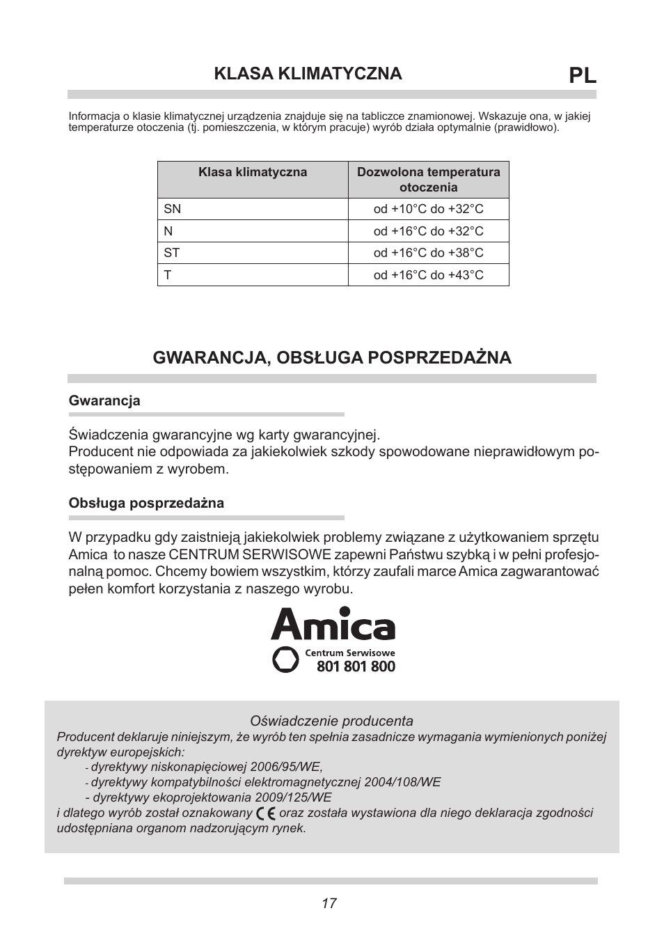 Gwarancja, obsługa posprzedażna, Klasa klimatyczna | AMICA KGC 15425 W DE User Manual | Page 17 / 66