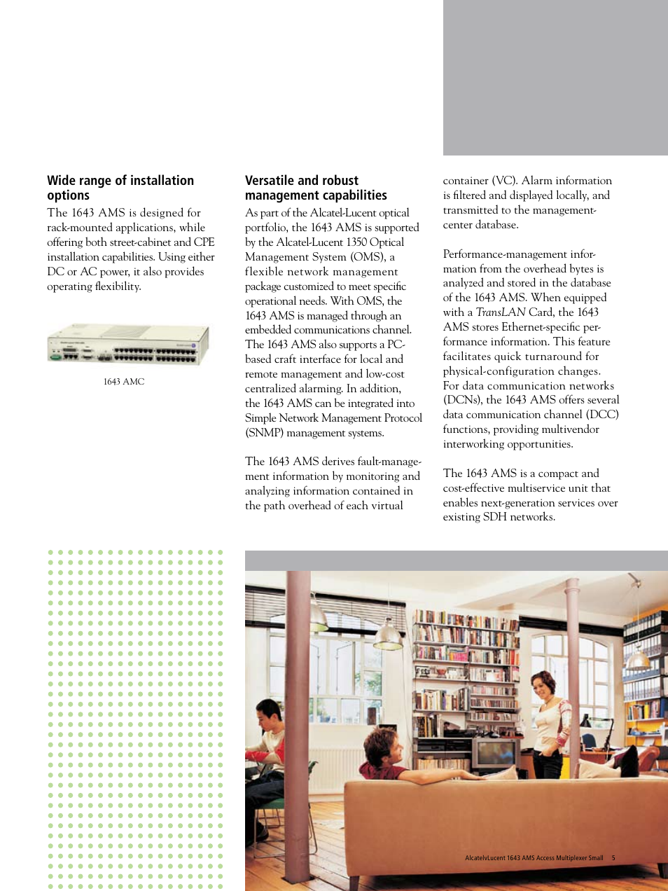 Versatile and robust management capabilities, Wide range of installation options | Alcatel-Lucent 1643 AMS User Manual | Page 5 / 8