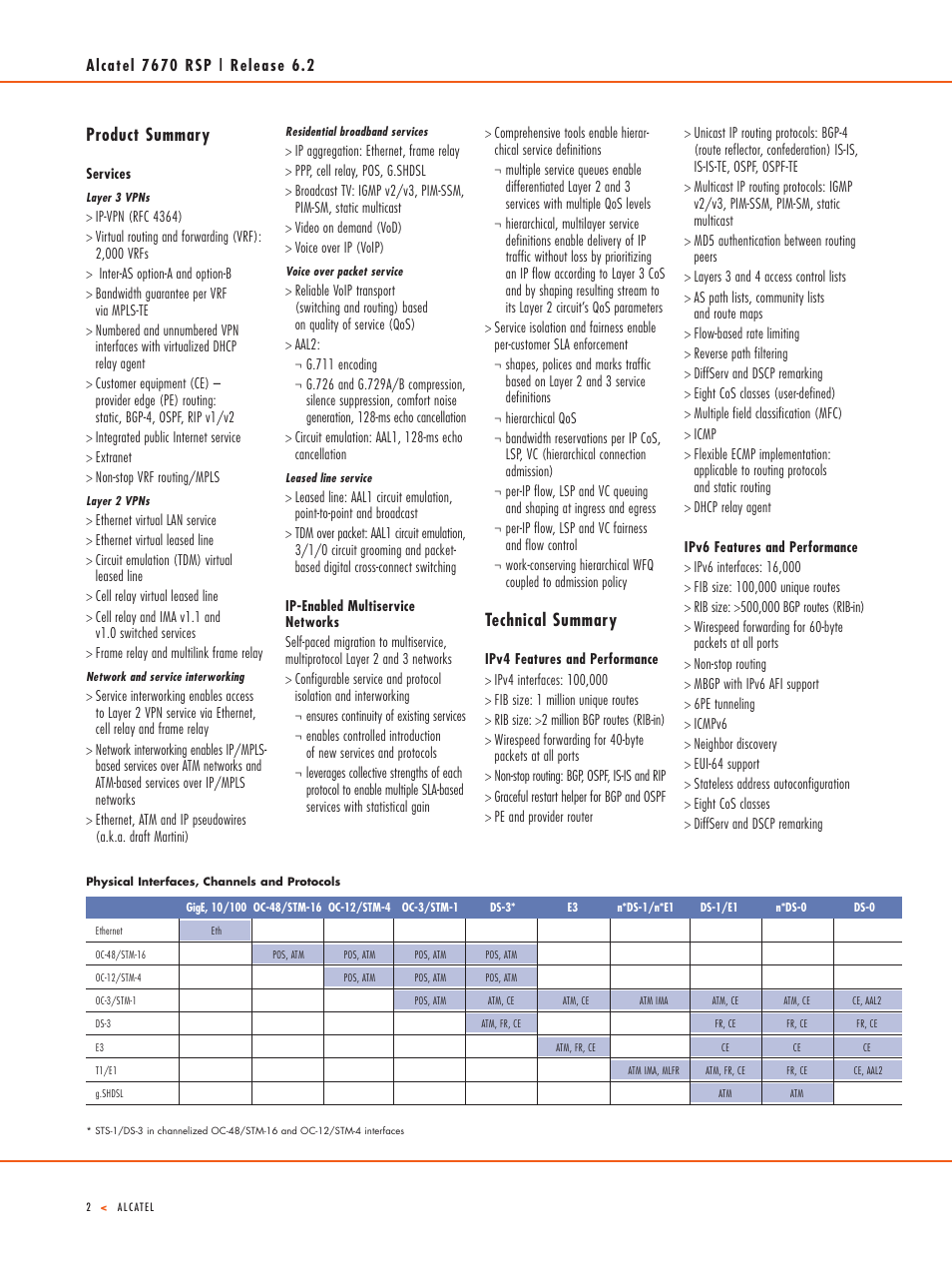 Product summary, Technical summary | Alcatel-Lucent 7670 RSP User Manual | Page 2 / 4