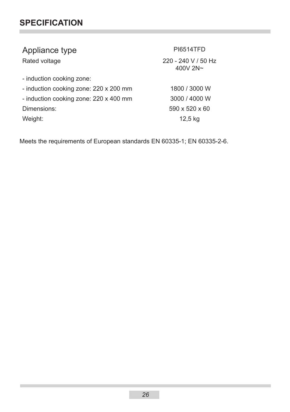 Appliance type, Specification | AMICA PI6514TFD EN User Manual | Page 26 / 28