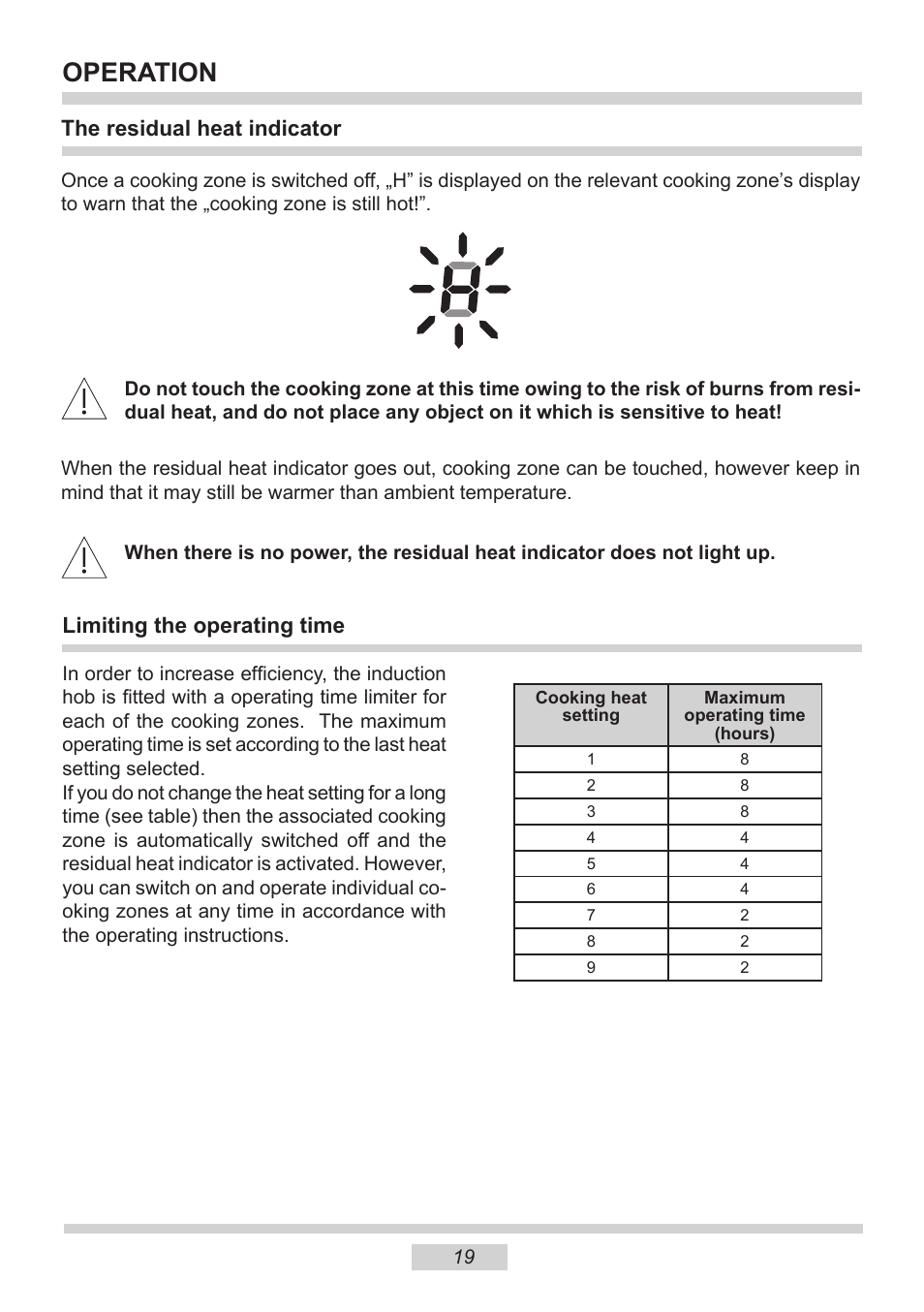 Operation, The residual heat indicator, Limiting the operating time | AMICA PI6513TBD EN User Manual | Page 19 / 50