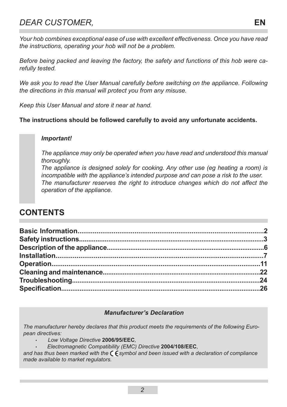 Dear customer, En contents | AMICA PI6513TBD EN User Manual | Page 2 / 50