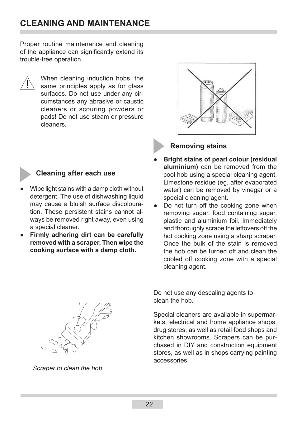 Cleaning and maintenance | AMICA PI6513TBD EN User Manual | Page 22 / 50