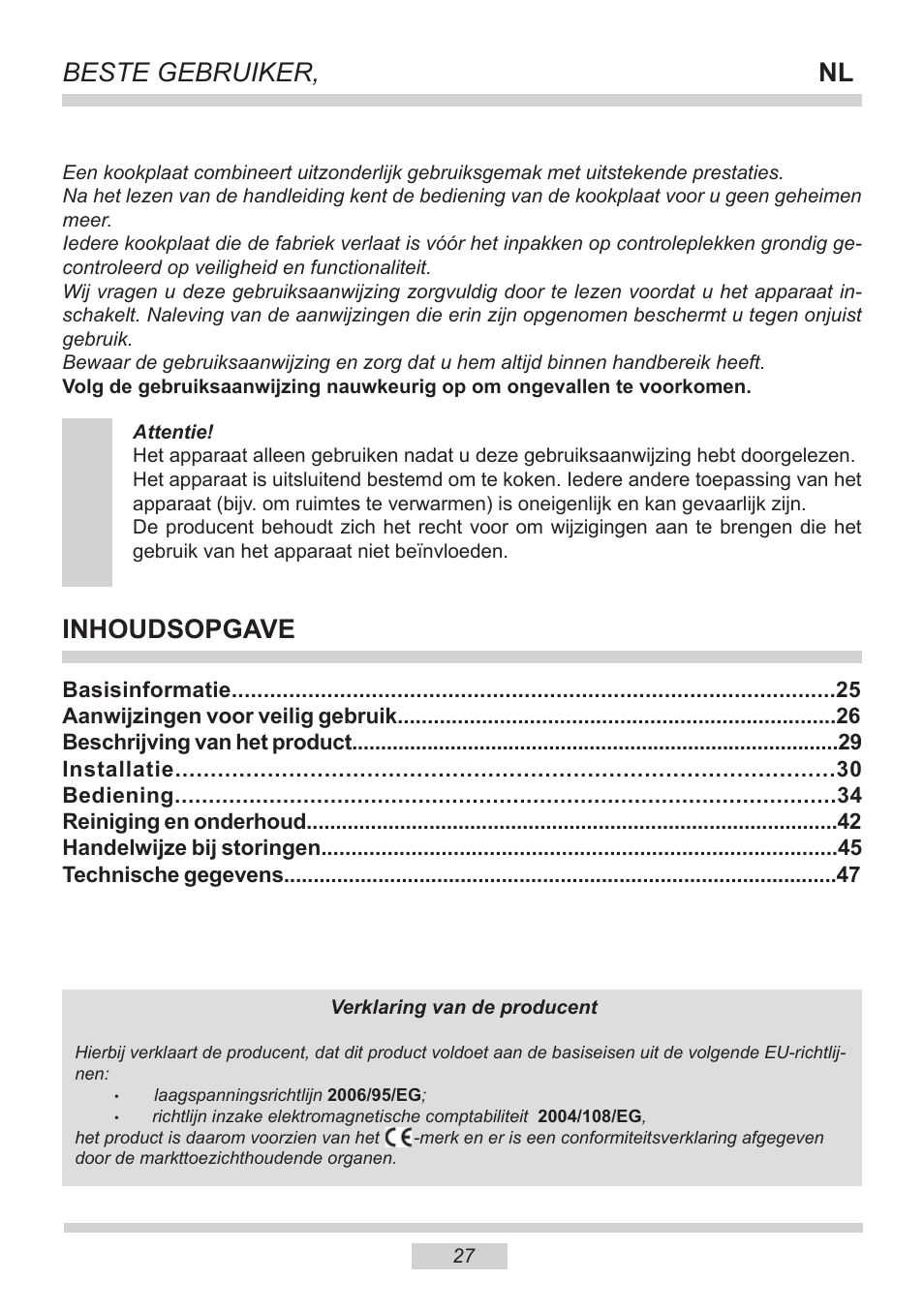 Beste gebruiker, Nl inhoudsopgave | AMICA PI6513TBD EN User Manual | Page 27 / 50