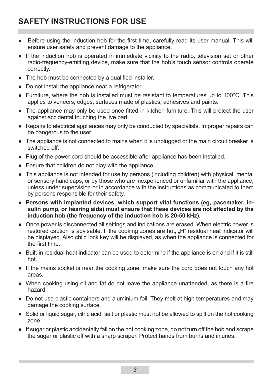 Safety instructions for use | AMICA PI6513TBD EN User Manual | Page 3 / 50