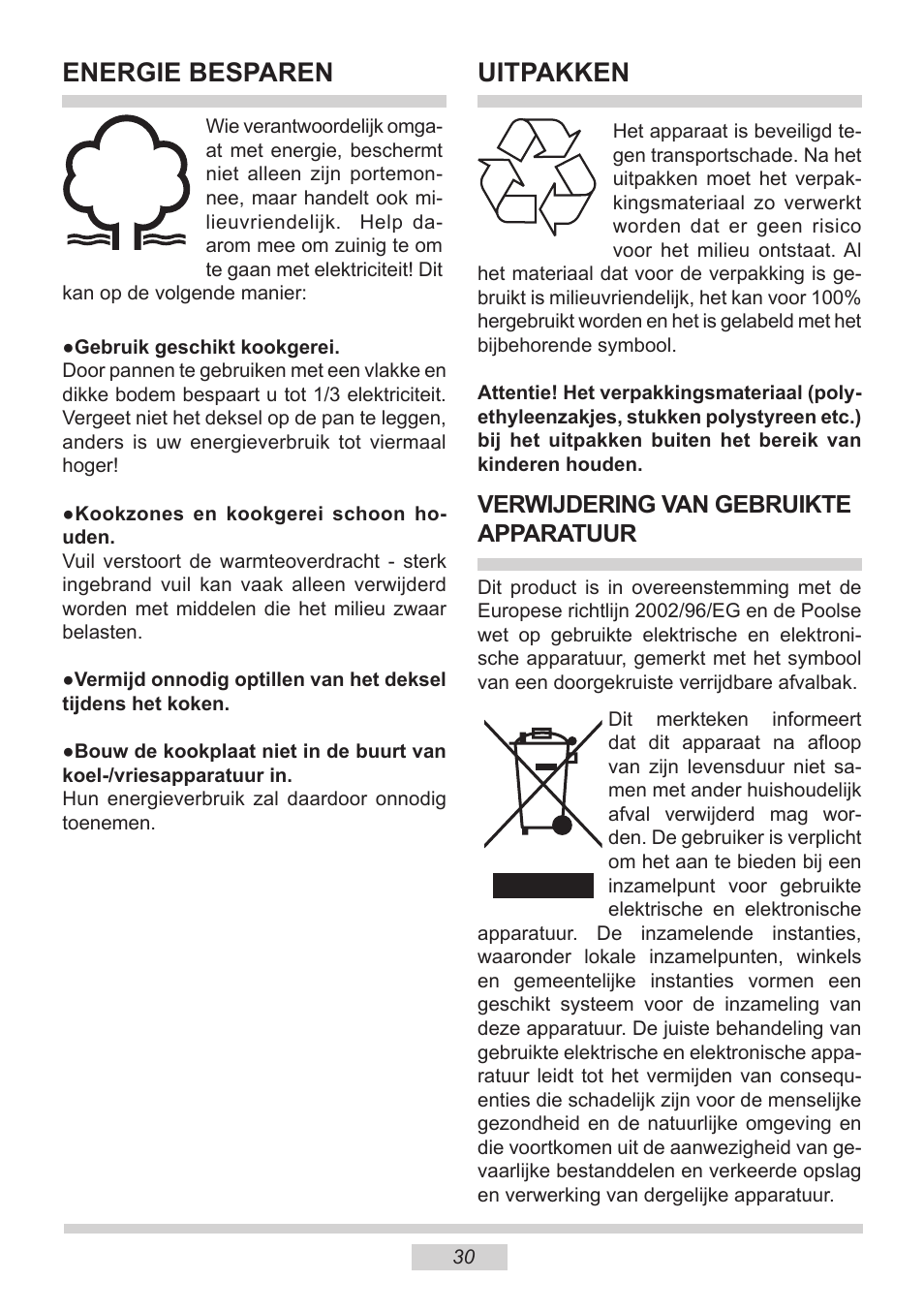 Uitpakken, Energie besparen, Verwijdering van gebruikte apparatuur | AMICA PI6513TBD EN User Manual | Page 30 / 50
