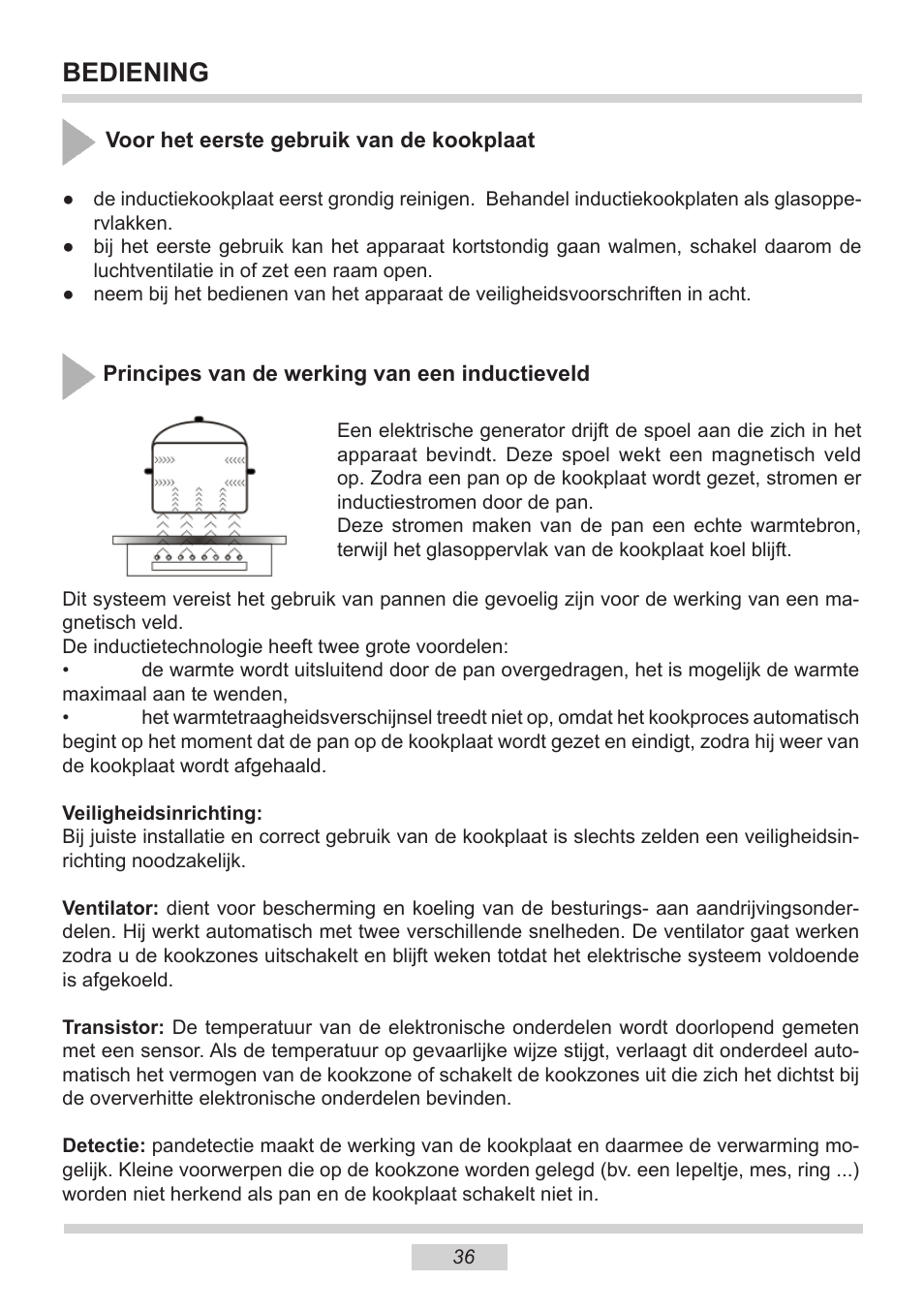 Bediening | AMICA PI6513TBD EN User Manual | Page 36 / 50