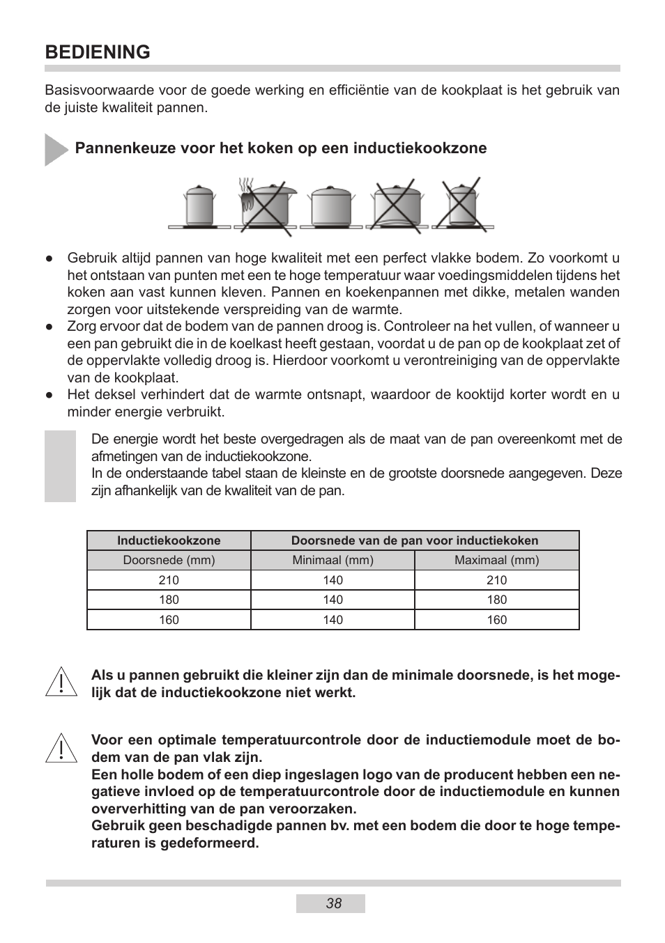 Bediening | AMICA PI6513TBD EN User Manual | Page 38 / 50