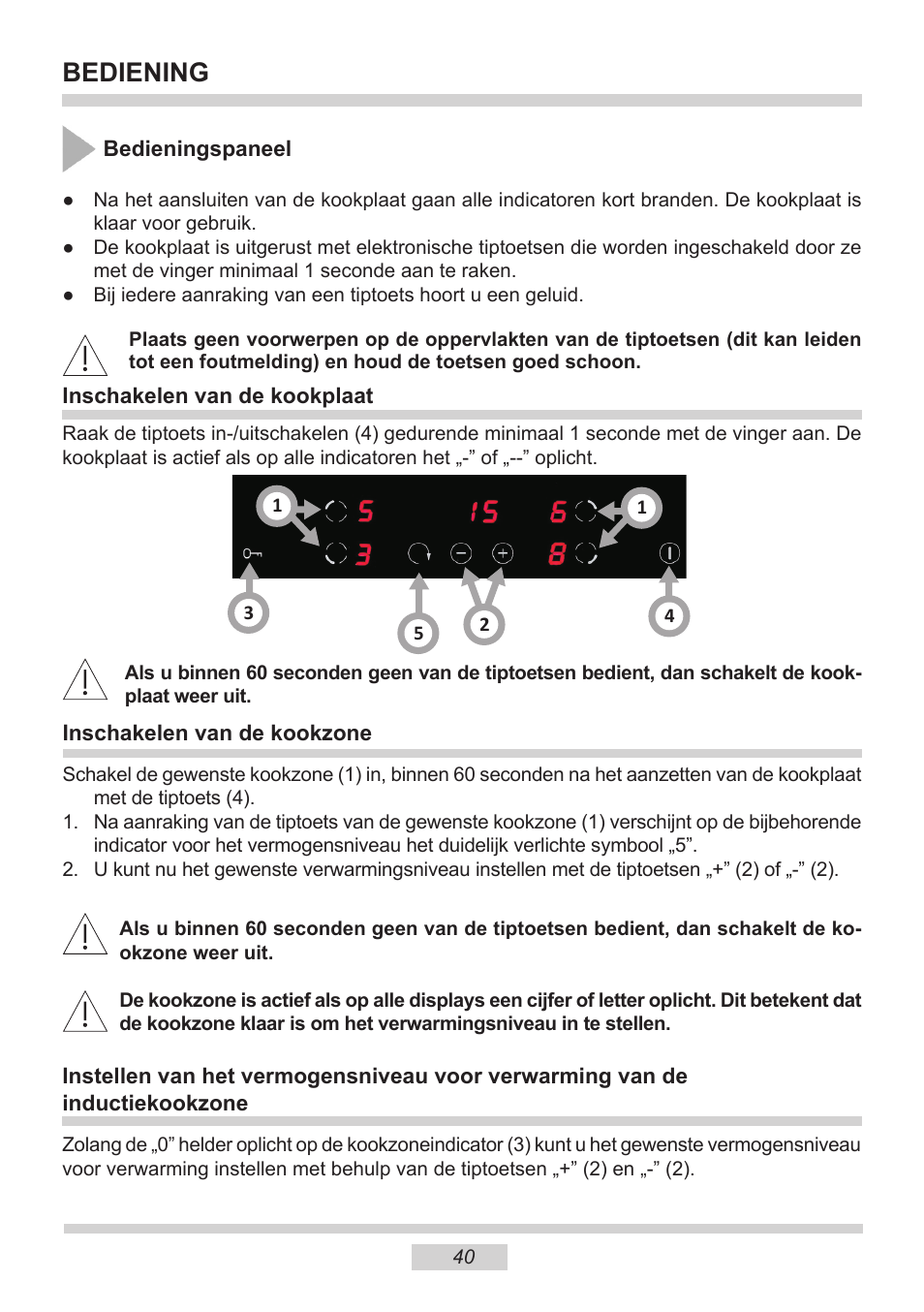 Bediening | AMICA PI6513TBD EN User Manual | Page 40 / 50