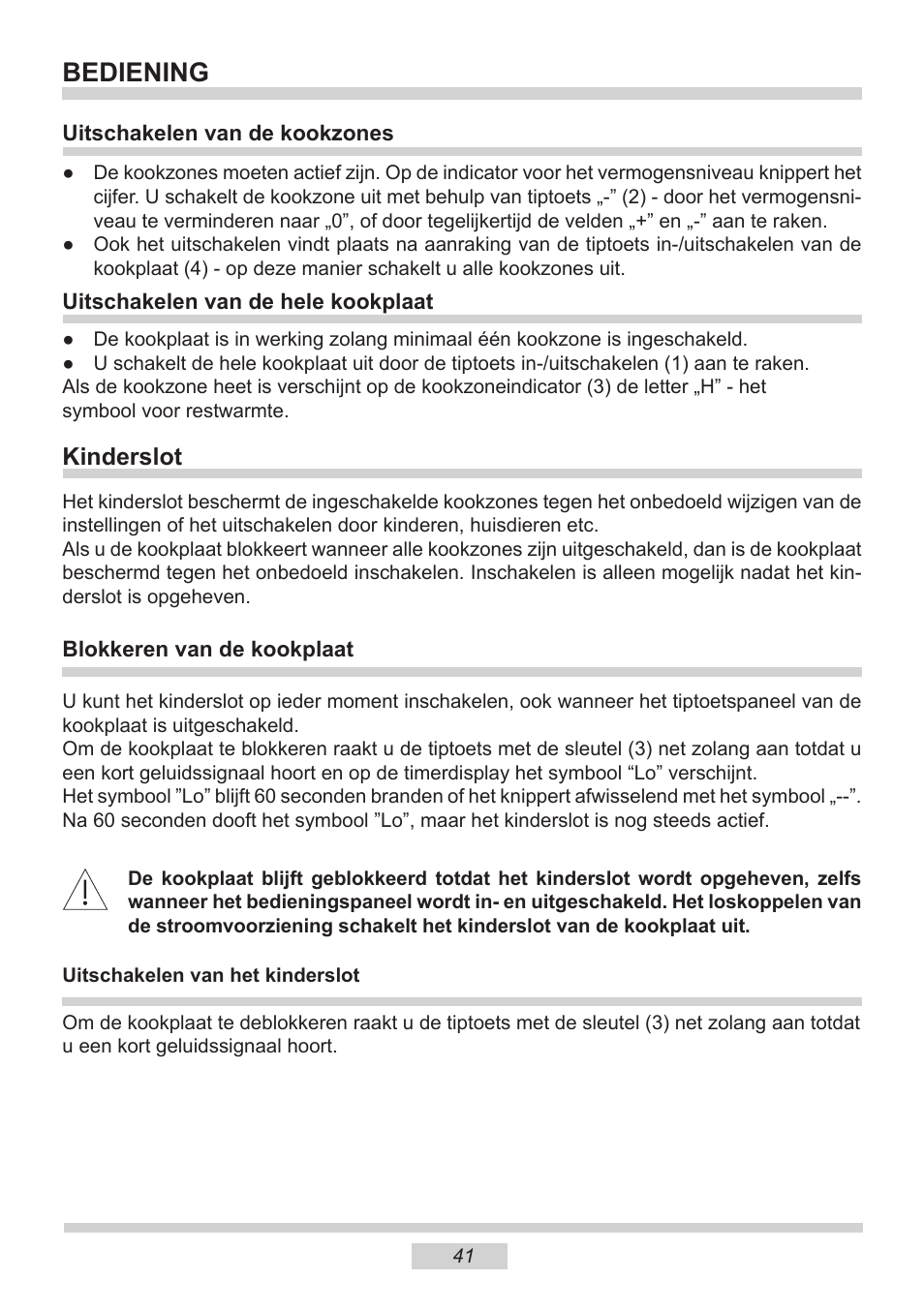 Bediening, Kinderslot | AMICA PI6513TBD EN User Manual | Page 41 / 50