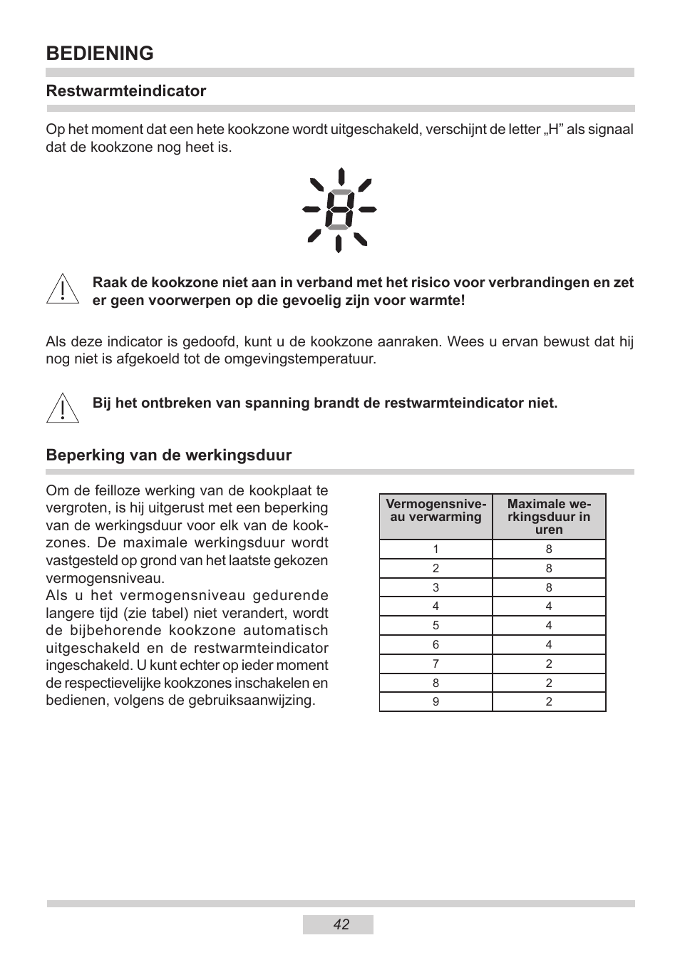 Bediening, Restwarmteindicator, Beperking van de werkingsduur | AMICA PI6513TBD EN User Manual | Page 42 / 50