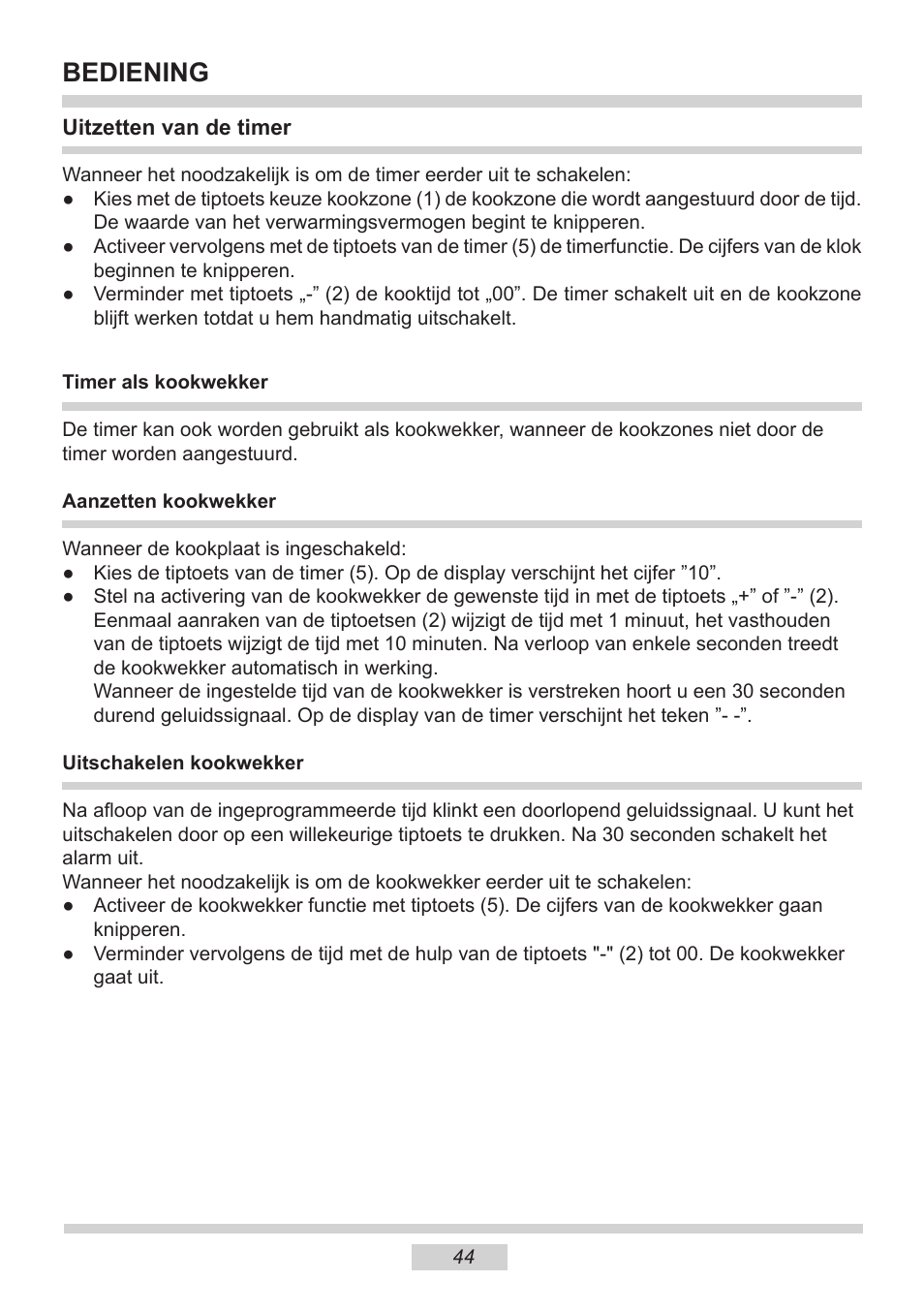 Bediening | AMICA PI6513TBD EN User Manual | Page 44 / 50