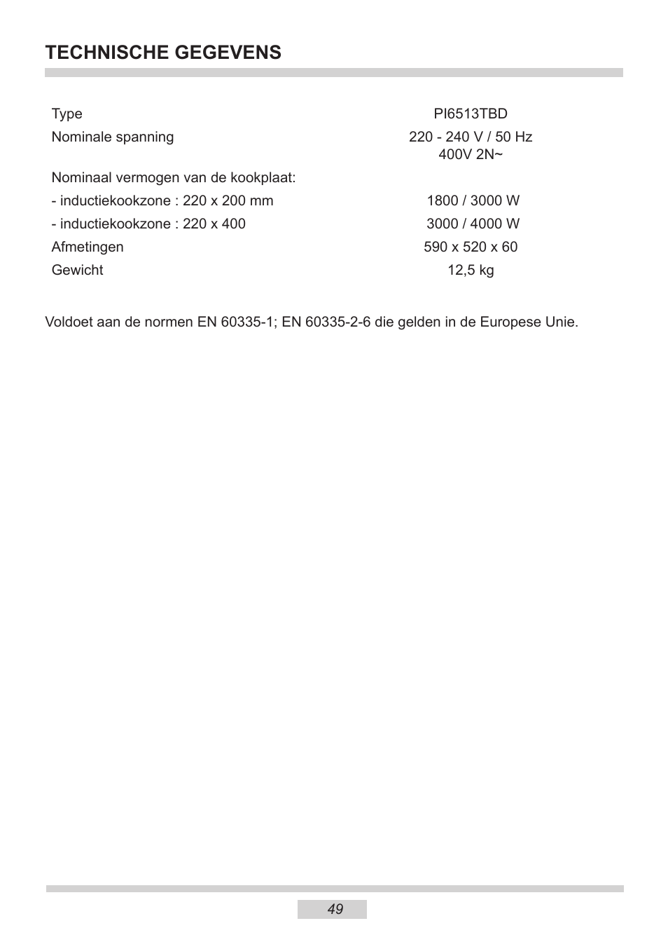 Technische gegevens | AMICA PI6513TBD EN User Manual | Page 49 / 50