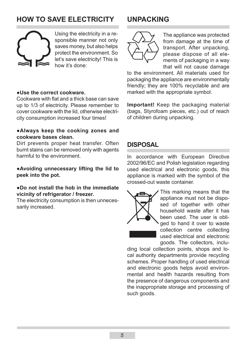 Unpacking, How to save electricity, Disposal | AMICA PI6513TBD EN User Manual | Page 5 / 50