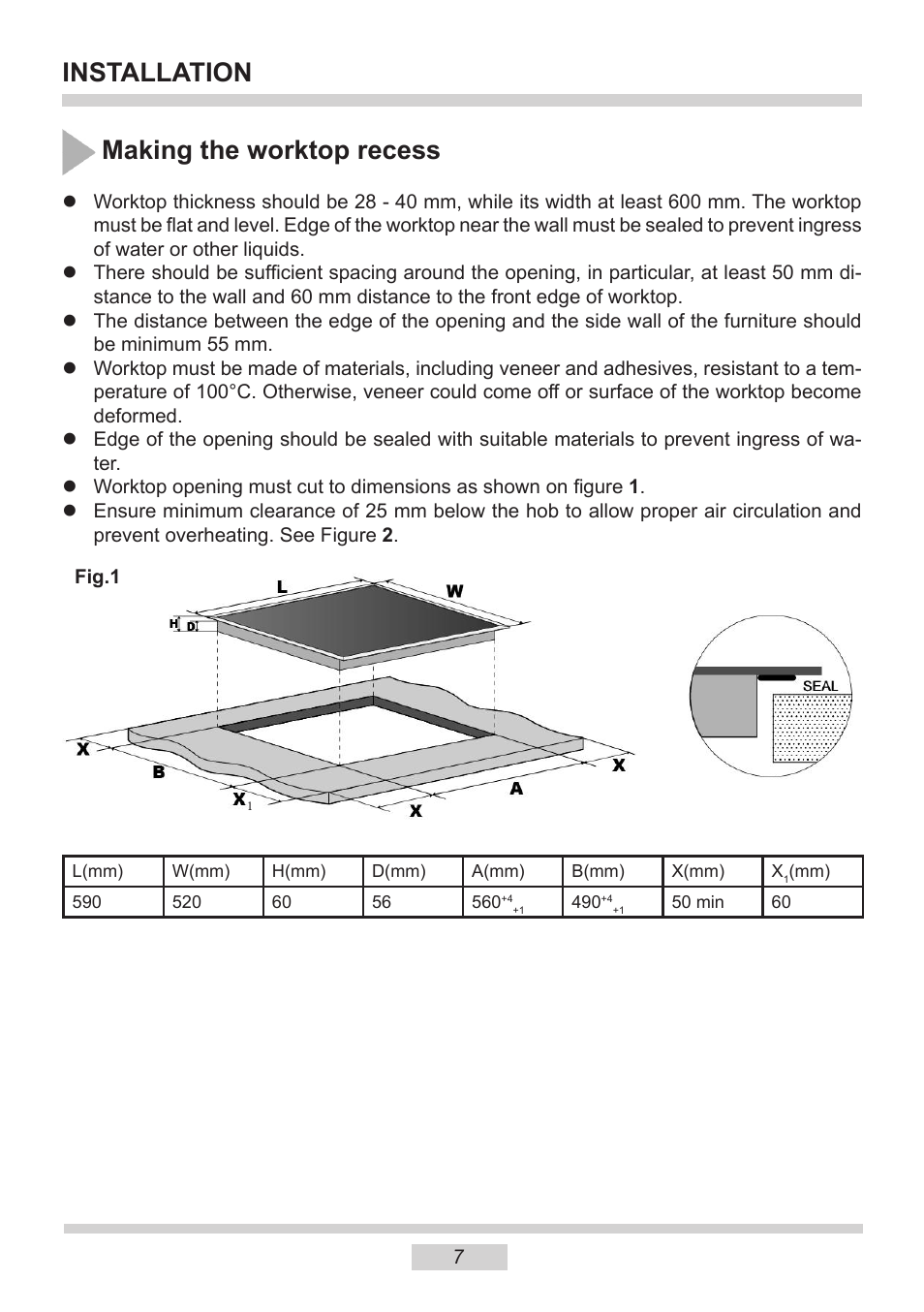 Installation making the worktop recess | AMICA PI6513TBD EN User Manual | Page 7 / 50