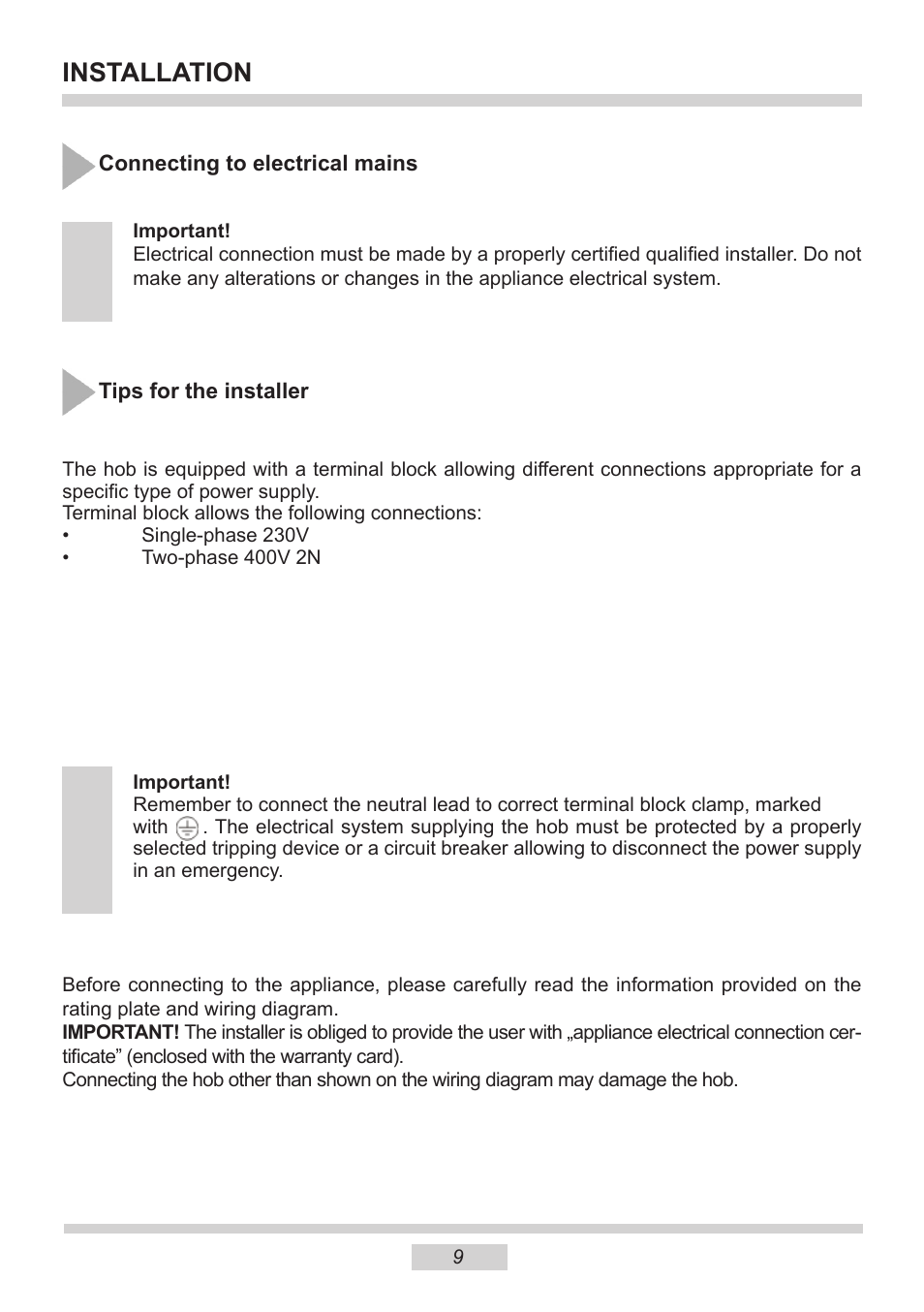 Installation | AMICA PI6513TBD EN User Manual | Page 9 / 50