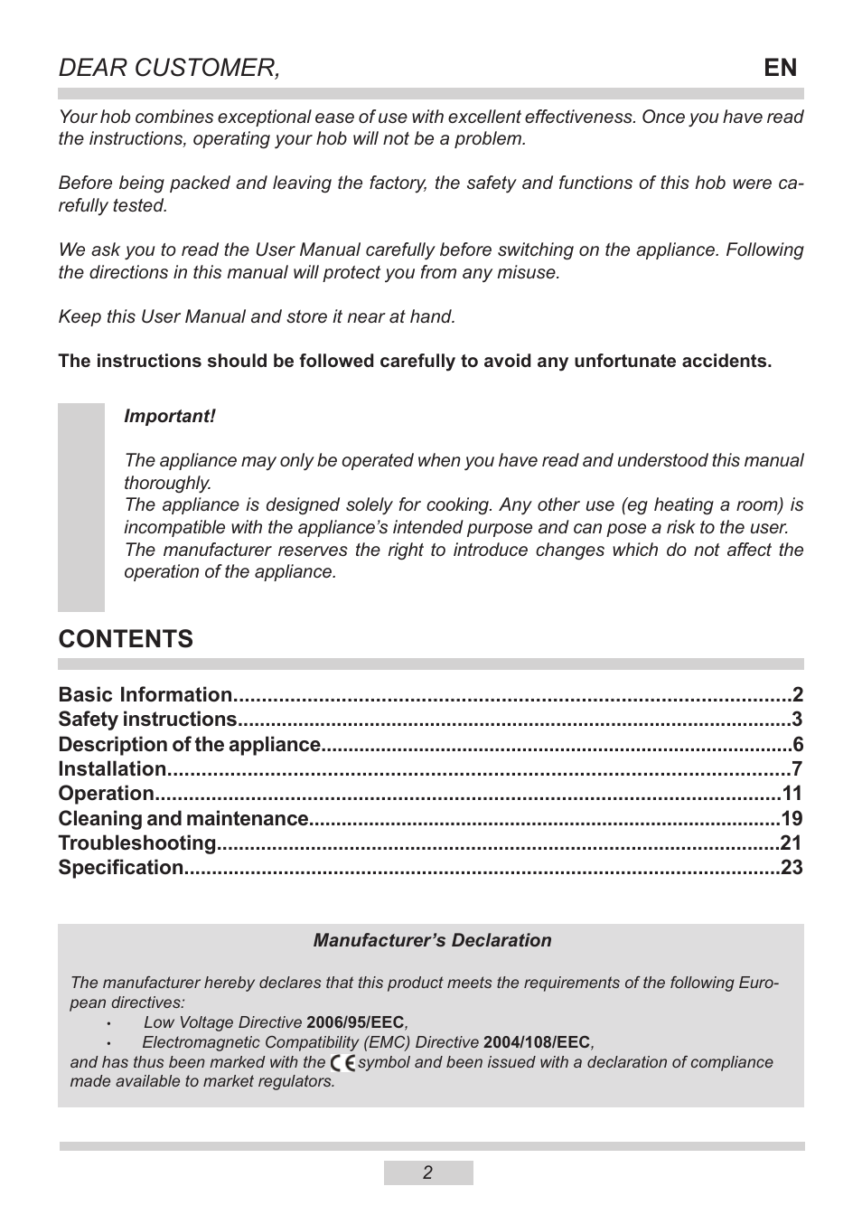 Dear customer, En contents | AMICA KMI 13298 C EN User Manual | Page 2 / 48