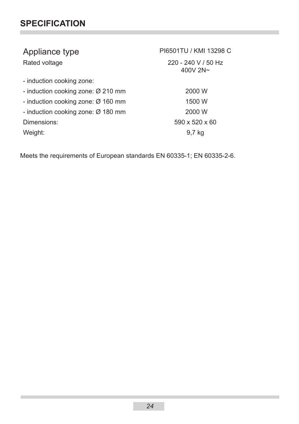 Appliance type, Specification | AMICA KMI 13298 C EN User Manual | Page 24 / 48