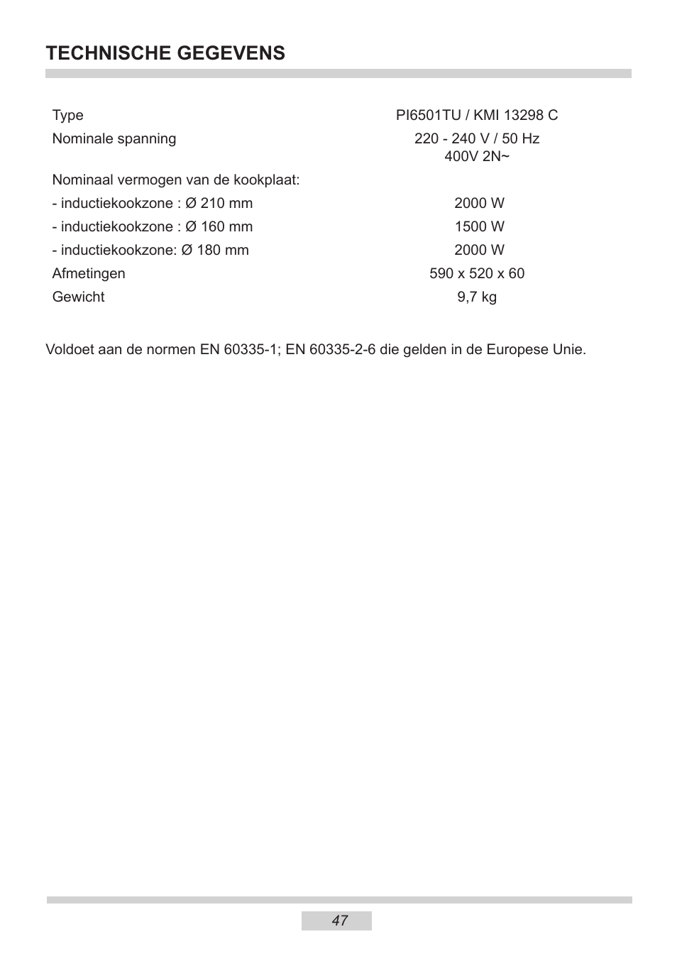 Technische gegevens | AMICA KMI 13298 C EN User Manual | Page 47 / 48