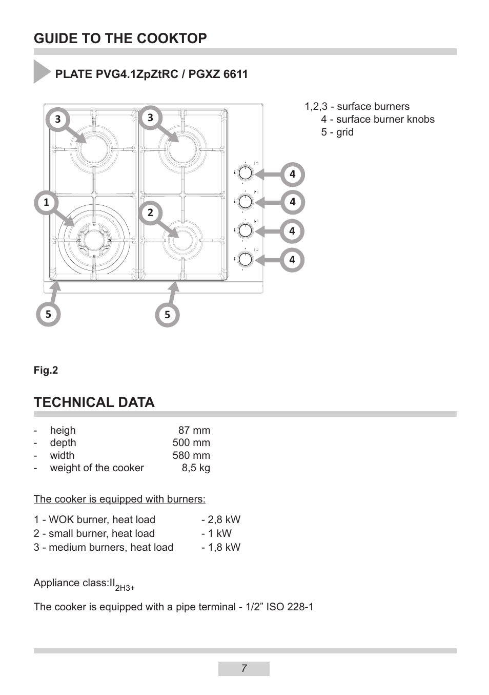 Guide to the cooktop, Technical data | AMICA PGX6610 EN User Manual | Page 7 / 20
