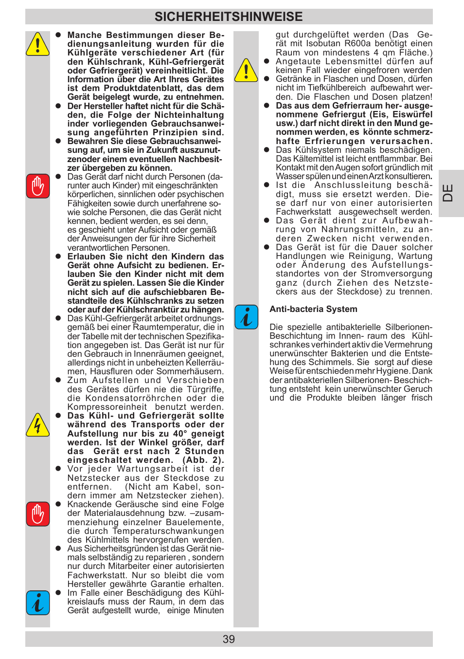 Sicherheitshinweise | AMICA FD228.3AA User Manual | Page 39 / 72