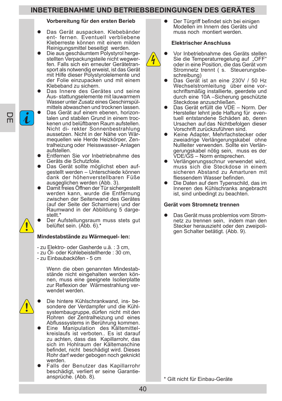 Inbetriebnahme und betriebsbedingungen des gerätes | AMICA FD228.3AA User Manual | Page 40 / 72