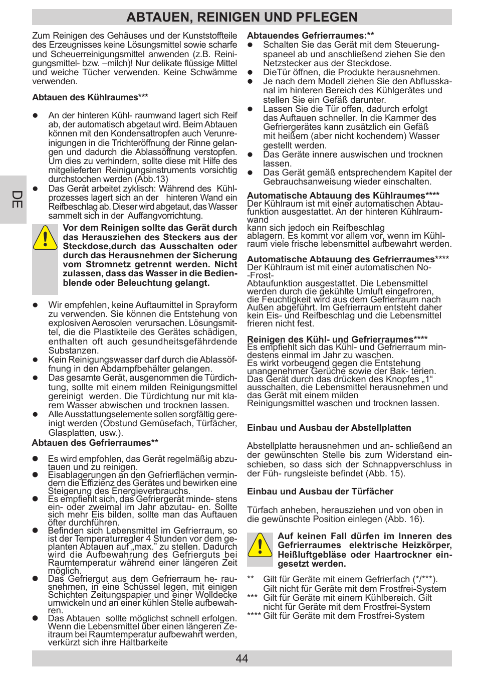 Abtauen, reinigen und pflegen | AMICA FD228.3AA User Manual | Page 44 / 72