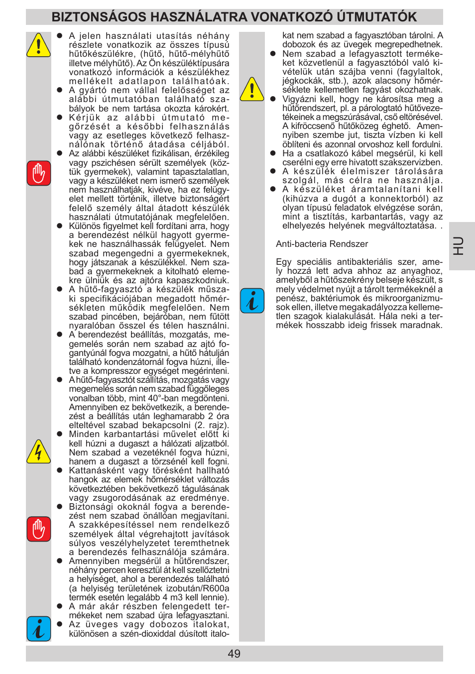 Biztonságos használatra vonatkozó útmutatók | AMICA FD228.3AA User Manual | Page 49 / 72