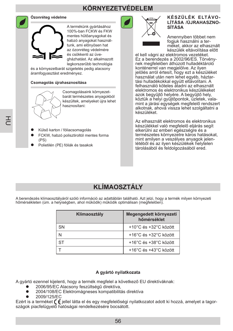 Környezetvédelem, Klímaosztály | AMICA FD228.3AA User Manual | Page 56 / 72