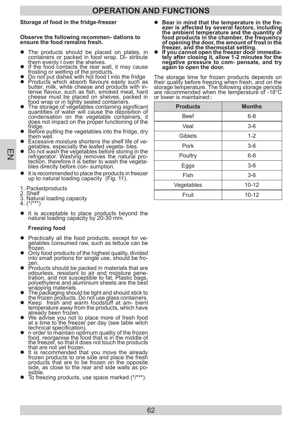 Operation and functions | AMICA FD228.3AA User Manual | Page 62 / 72