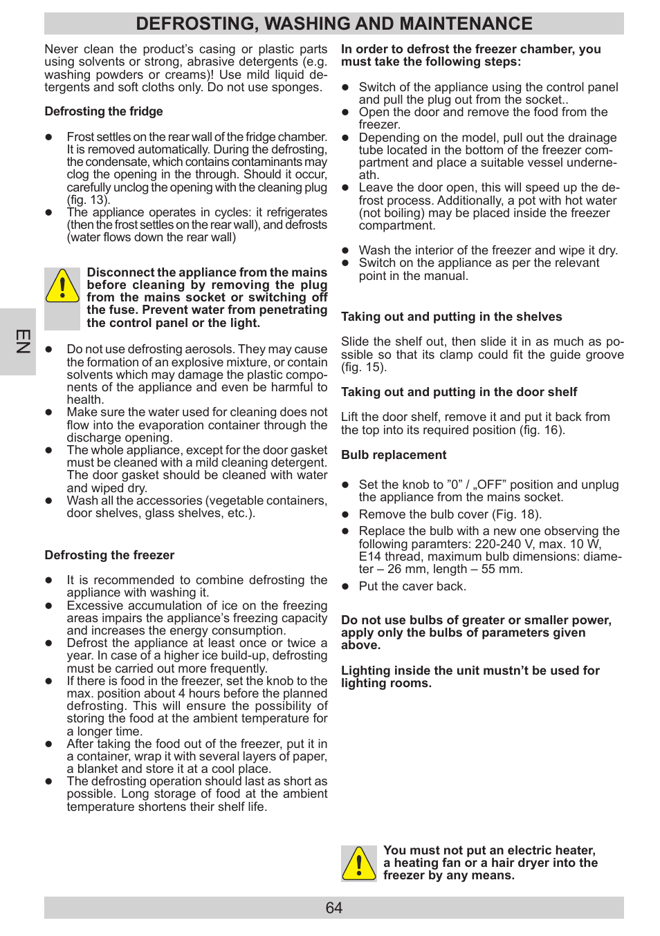 Defrosting, washing and maintenance | AMICA FD228.3AA User Manual | Page 64 / 72