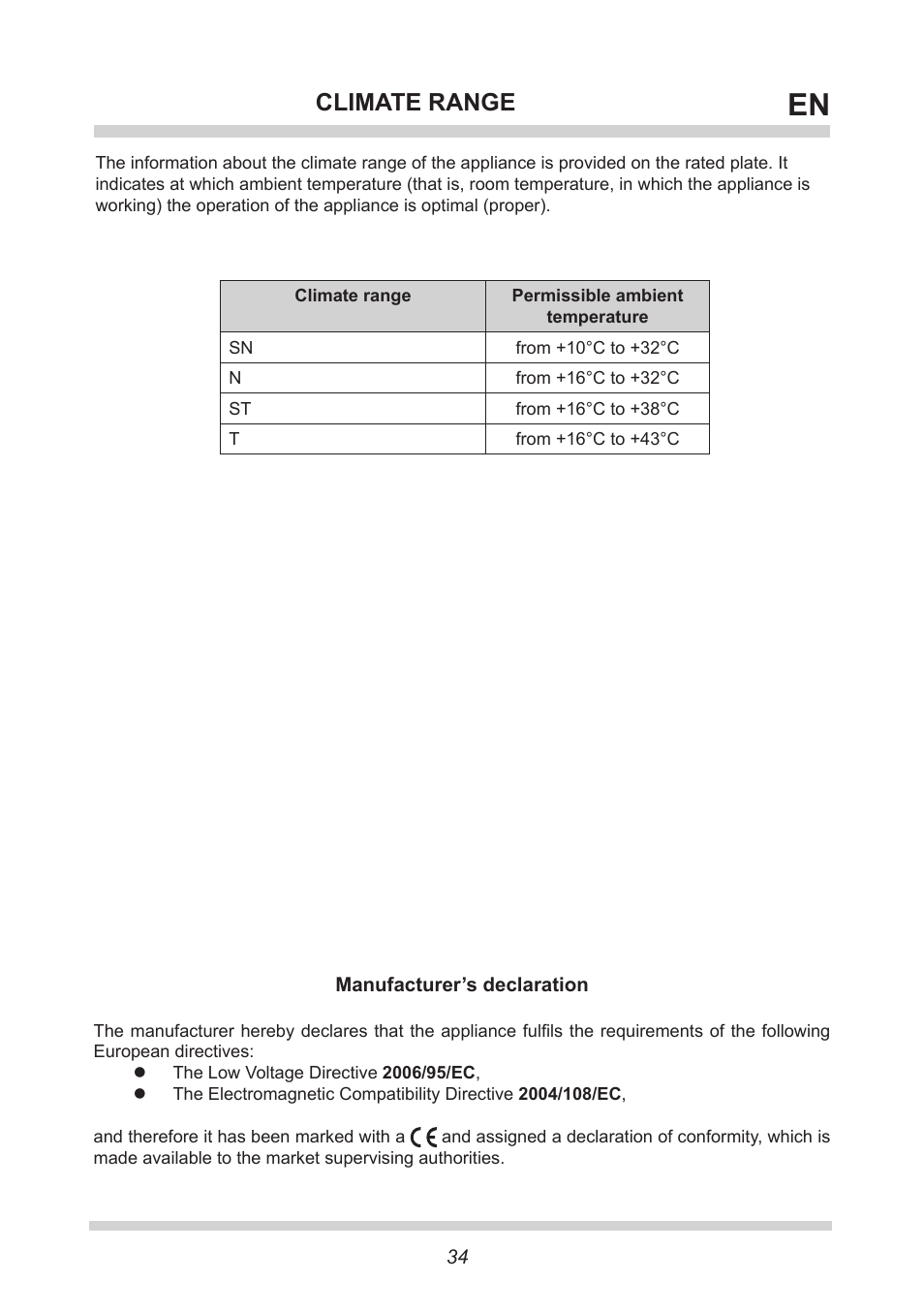 Climate range | AMICA FM106.4 User Manual | Page 34 / 64