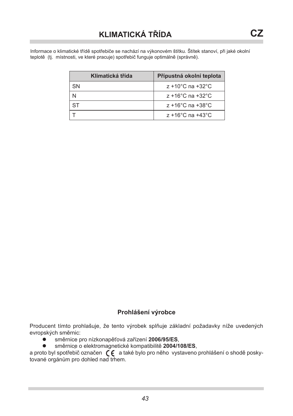Klimatická třída | AMICA FM106.4 User Manual | Page 43 / 64
