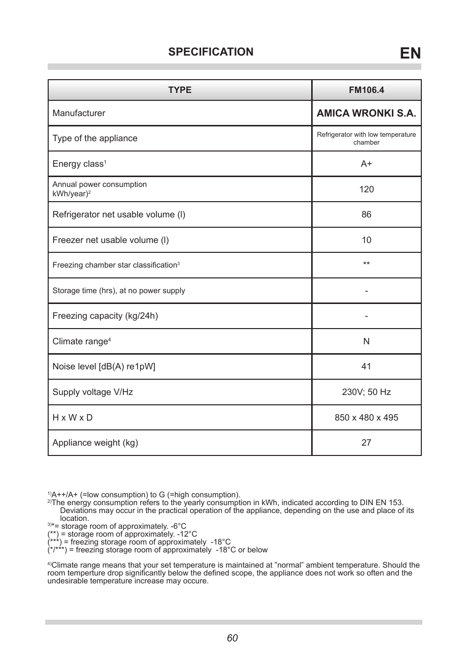 Specification, Amica wronki s.a | AMICA FM106.4 User Manual | Page 60 / 64
