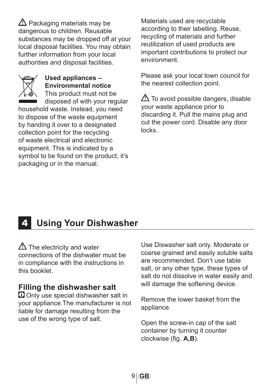 4using your dishwasher, Filling the dishwasher salt | AMICA ZIA 468 User Manual | Page 10 / 34