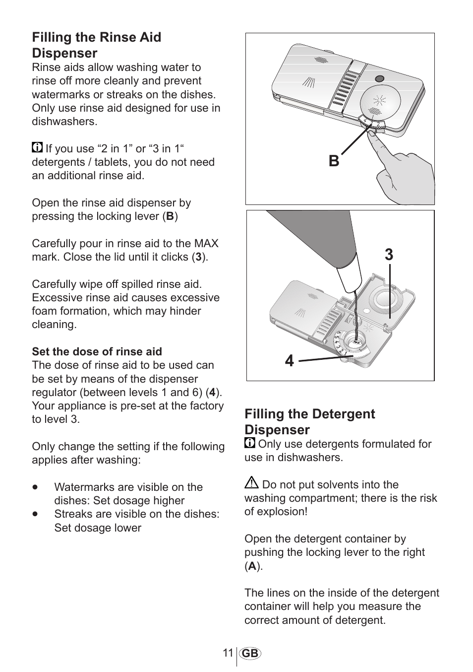 Filling the rinse aid dispenser, Filling the detergent dispenser | AMICA ZIA 448 User Manual | Page 12 / 27