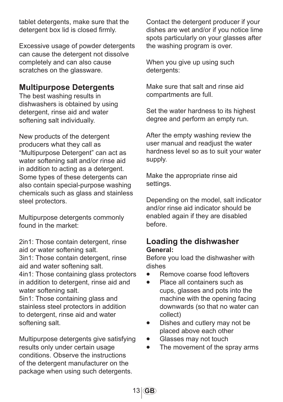 Multipurpose detergents, Loading the dishwasher | AMICA ZIA 448 User Manual | Page 14 / 27