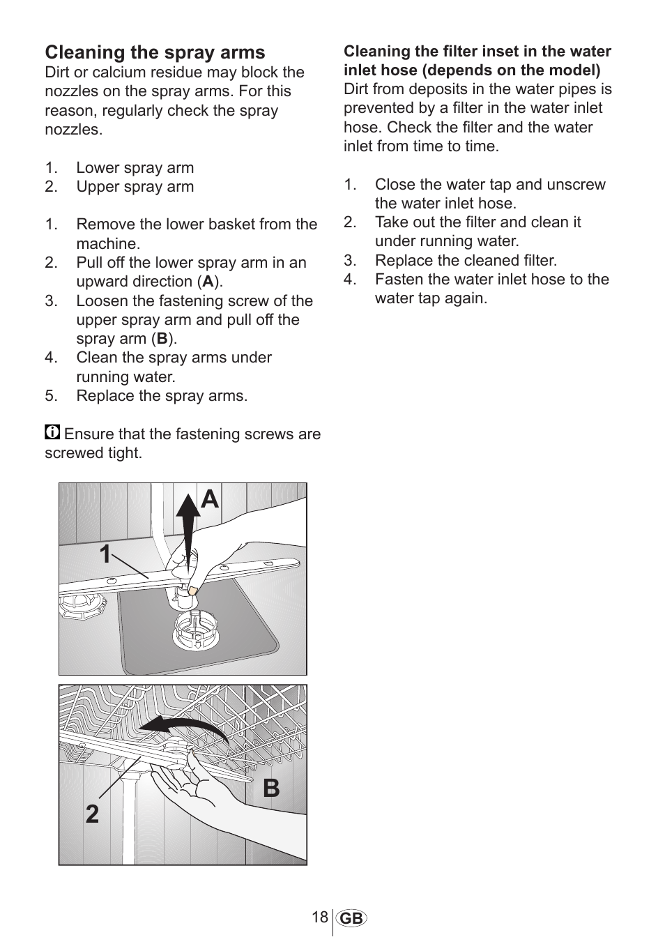 Cleaning the spray arms | AMICA ZIA 448 User Manual | Page 19 / 27