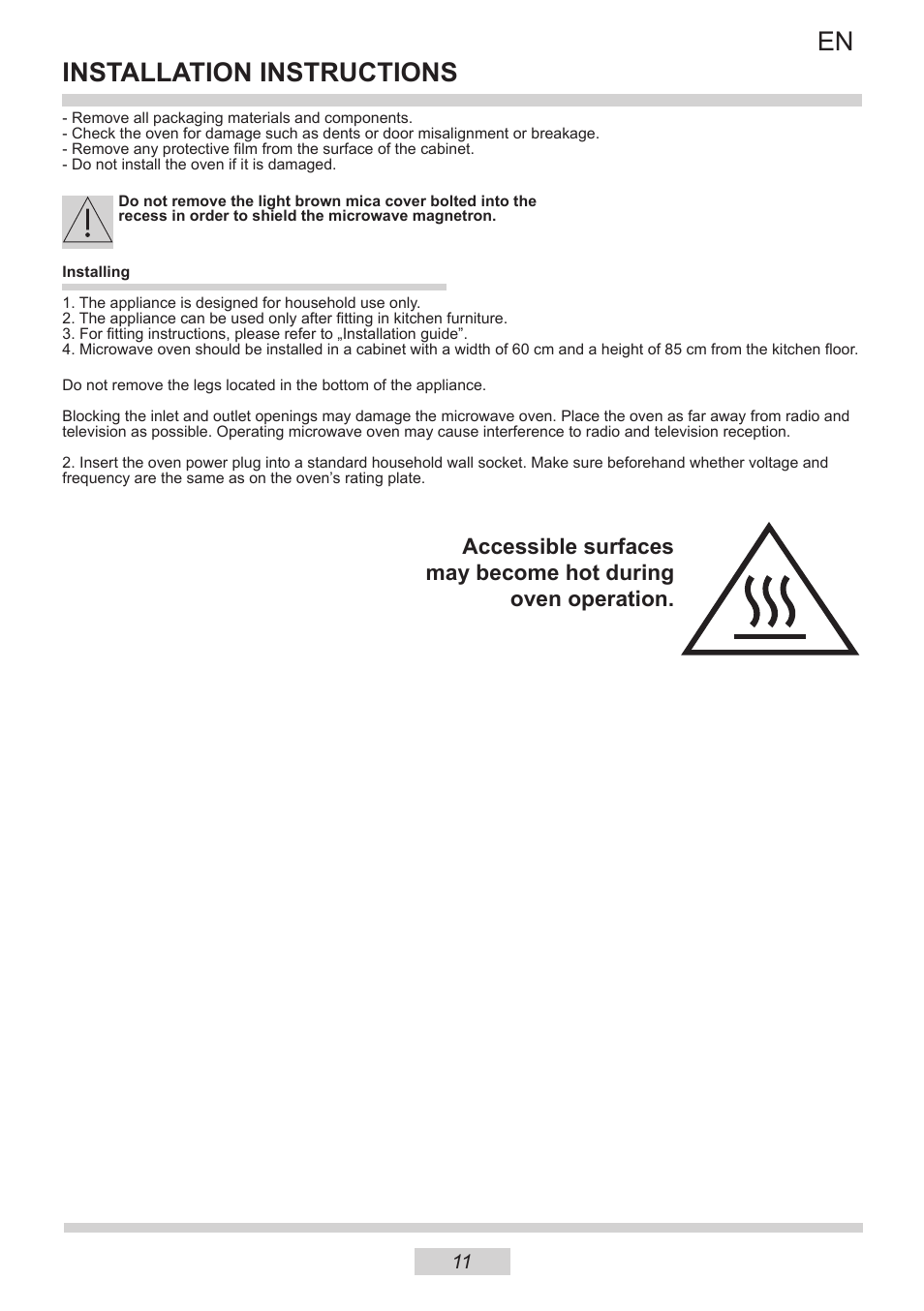 Installation instructions | AMICA IM 11611-90 X EN User Manual | Page 11 / 44