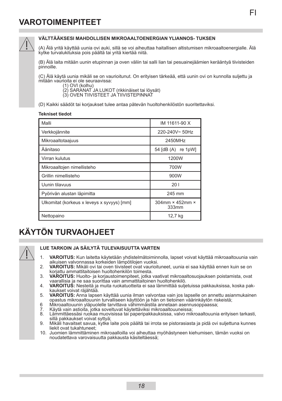 Varotoimenpiteet, Fi käytön turvaohjeet | AMICA IM 11611-90 X EN User Manual | Page 18 / 44