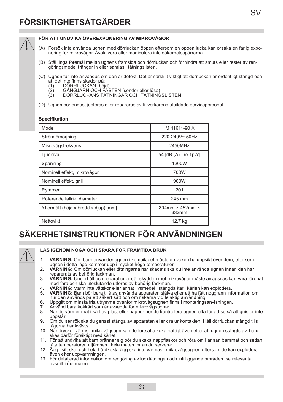Försiktighetsåtgärder, Sv säkerhetsinstruktioner för användningen | AMICA IM 11611-90 X EN User Manual | Page 31 / 44