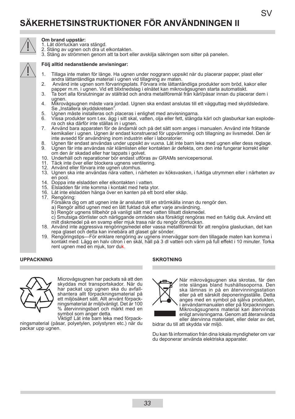 Säkerhetsinstruktioner för användningen ii sv | AMICA IM 11611-90 X EN User Manual | Page 33 / 44