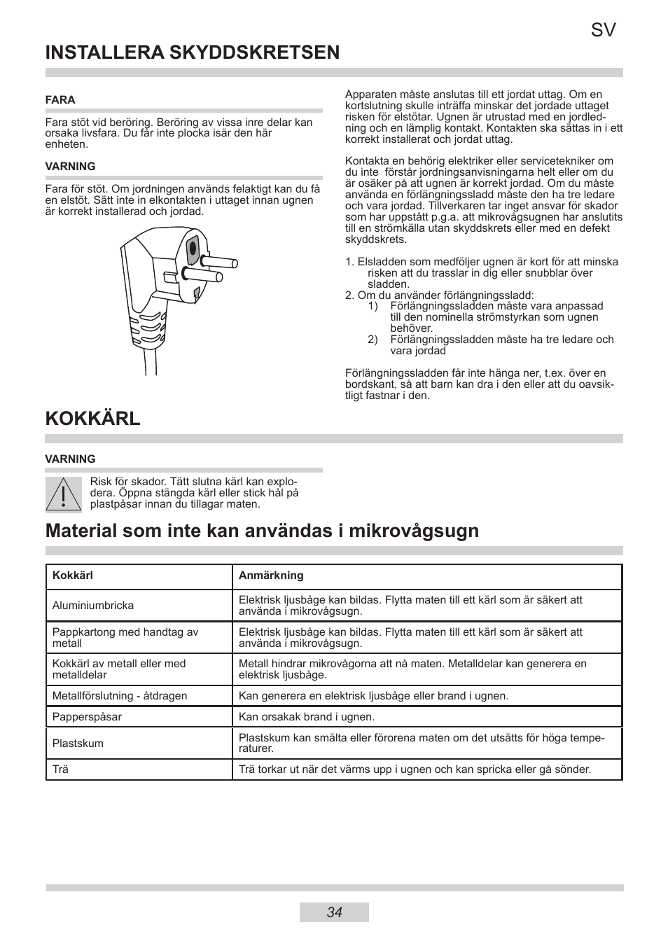Installera skyddskretsen, Kokkärl, Material som inte kan användas i mikrovågsugn | AMICA IM 11611-90 X EN User Manual | Page 34 / 44