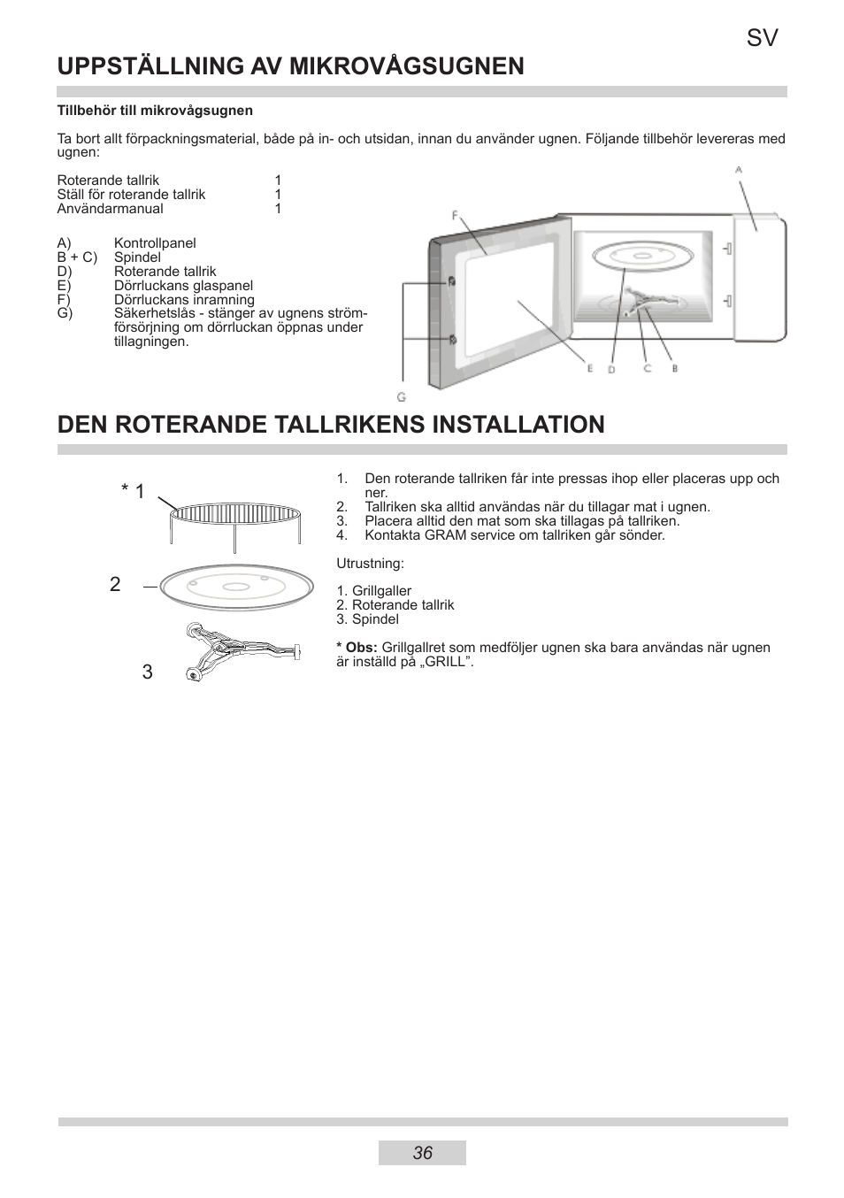 Uppställning av mikrovågsugnen, Den roterande tallrikens installation | AMICA IM 11611-90 X EN User Manual | Page 36 / 44