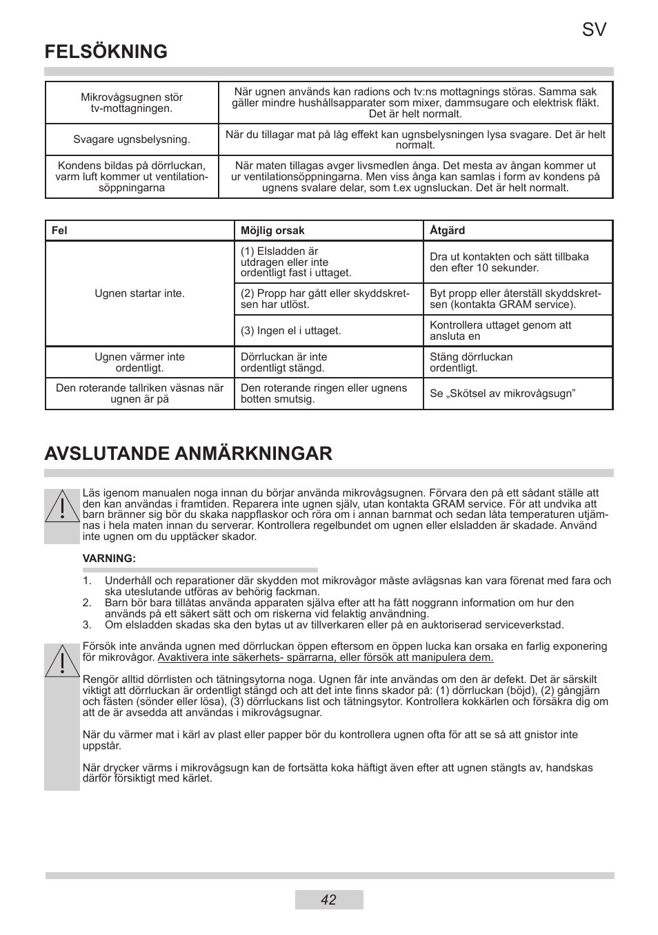 Sv felsökning, Avslutande anmärkningar | AMICA IM 11611-90 X EN User Manual | Page 42 / 44