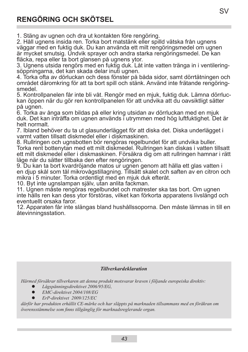 Rengöring och skötsel sv | AMICA IM 11611-90 X EN User Manual | Page 43 / 44